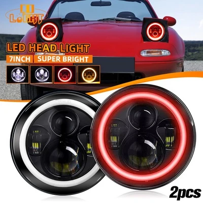For 1990-1997 Mazda Miata MX5 MX-5 2X 7" Round LED Red Halo Projector Headlights - Image 1 of 4