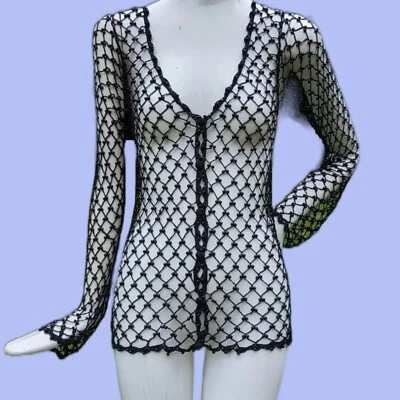 Cárdigan Betsey Johnson Negro Con Cuentas Crochet Años 90 Y2K Reformation De Colección Nuevo Con Etiquetas Foto 1 de 4