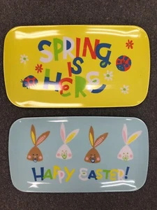 Spring Is Here & Happy Easter! with Bunnies Melamine Trays 14" X 8" - Set of 2 - Picture 1 of 4