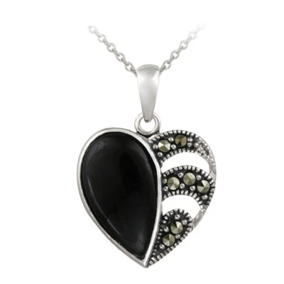925 Silver Marcasite & Onyx Heart Pendant, 18" - Image 1 of 3