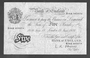 White Fiver £5 Banknote O'Brien Prefix D18A BoE 18th June 1955 B276 small tear - Picture 1 of 3
