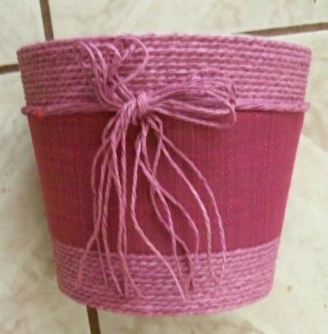 Purple Violet Fabric Covered Bucket Basket Sisal Trim 7 1/2 In. Diam X 6 In Deep Cover