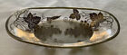 Antique American Sterling Silver Overlay Glass Oval Leaves Vines Bowl 12.5X5.75