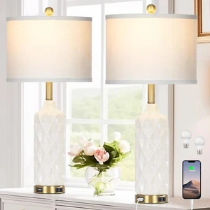 Modern Ceramic Table Lamps Set of 2 with Diamond Texture, Accent White Bedsid... - Picture 1 of 7