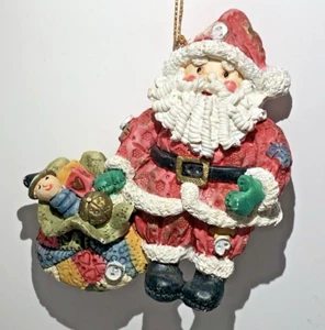 Vintage Santa in Patchwork Red Suit Holding Patchwork Toy Bag Very Cute, Resin? - Picture 1 of 2