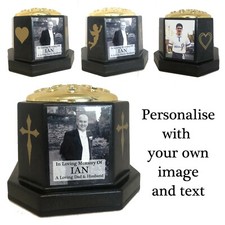Memorial Deco Photo Grave Vase - Personalised Tribute Gold Flower Pot & Plaque