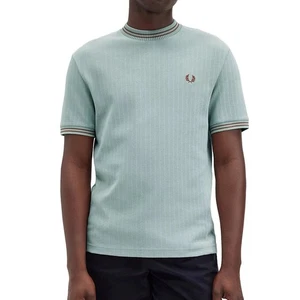 Fred Perry Men's Short Sleeve Ribbed Jersey Crew Tee Shirt M8679 Silver Blue - Picture 1 of 6