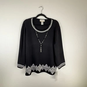 Alfred Dunner Damen 1X Pullover Bluse 3/4 Arm Halskette Schwarz Weiß Oberteil - Bild 1 von 10