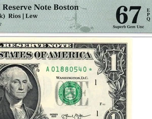 2013* $1 Boston STAR Federal Reserve Note • 3002-A* • 01880540* • PMG 67 EPQ - Picture 1 of 3