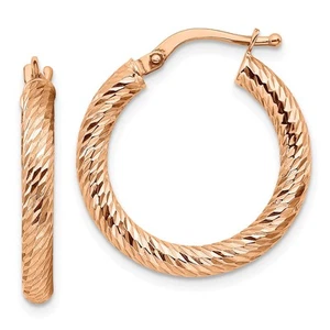 14k Rose Gold 3mm Polished Diamond-cut Round Hoop Earrings 1.71gm L-22.5 mm - Picture 1 of 3