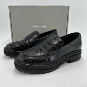 Everlane The Lug Loafer in Black Crocodile Leather sz 9.5 Women's Chunky Heel - Picture 1 of 9