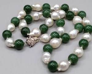 Jade & Baroque Pearl Necklace With 14K Gold Clasp - Picture 1 of 7