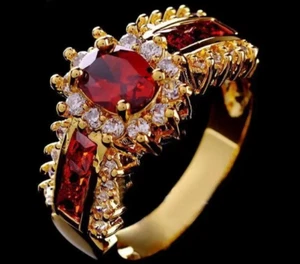 Mode Damen 14K Gelbgold gefüllt Imitation Rubin und CZ Halo Ring - Bild 1 von 2