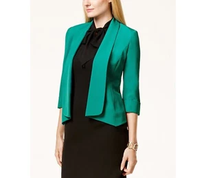 New! KASPER ~Size 4~ Draped Open-Front Crepe Blazer Jacket Green Shawl Collar - Imagen 1 de 4