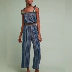Anthropologie Laia XL Jumpsuit Naomi Blue Rainbow Cruise Resort Boho Tassel - Picture 1 of 8