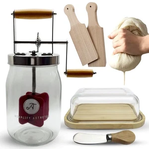 Butter Churner Set – Includes Glass Dish with Lid, Cheesecloth, Wooden Paddle... - Picture 1 of 5