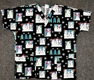 Scrub HQ w/ Snowman and Christmas trees print Scrub Top - Size S - FREE SHIPPING - Picture 1 of 12