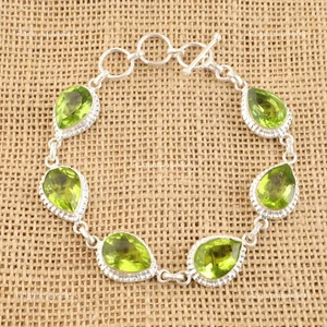 Faceted Natural Peridot Sterling Silver Handcrafted Chain Bezel Unique Bracelet - Picture 1 of 4