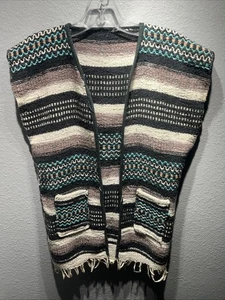 Vintage 70’s Mexican Made Poncho Serape with Fringe Hippie Vest 37” Chest - Picture 1 of 7