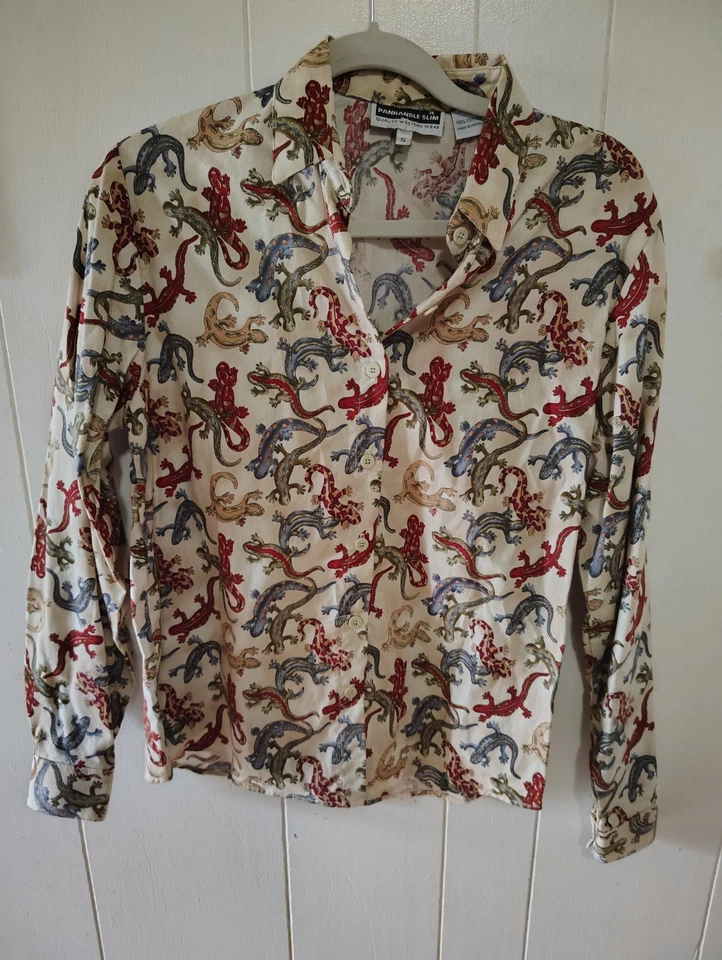Camisa Top Panhandle Western Gecko Lagartos Mujer Pequeña Algodón Abotonada. Foto 1 de 2