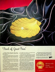 1945 Shell Oil Company Vintage Print Ad 1940s Oyster Shell Pearl Black Velvet - Picture 1 of 1