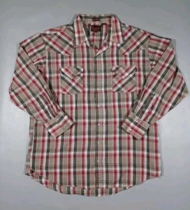 Plains Shirt Mens 2XL Brown Red Plaid Pearl Snap Western Long Sleeve Lightweight - Picture 1 of 4