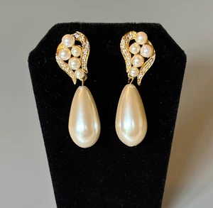 Braut Hochzeit Strass Kunstperlen baumelnde Ohrhänger 2" durchbohrt goldfarben - Bild 1 von 8