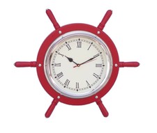 Ships Steering Wheel Red 15" w/ Chrome Clock Wooden Nautical Hanging Wall Decor