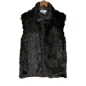 Kikit Faux Fur Vest Brown Back Ribbed Knit Panel Zip Up Front Women's Large - Picture 1 of 9