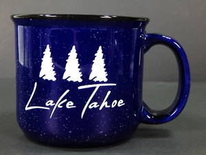 LAKE TAHOE TREES JUMBO CAMP STYLE CERAMIC COFFEE MUG CUP SPECKLED BLUE & WHITE - Picture 1 of 10