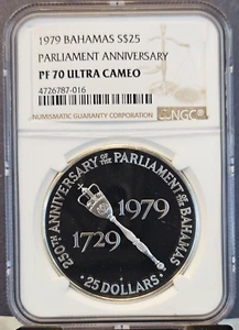 1979 BAHAMAS SILVER 25 DOLLARS PARLIAMENT ANNIVERSARY NGC PF 70 ULTRA CAMEO RARE - Picture 1 of 3