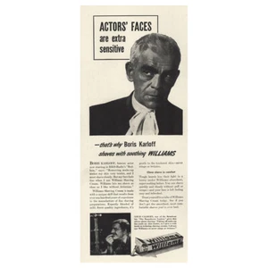 1946 Williams Shaving Cream: Boris Karloff Vintage Print Ad - Picture 1 of 1