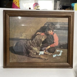 Vintage 1980 Wood Framed SIGNED JIM DALY PICTURE BOY & DOG WITH BANDAGE 17"×14" - Picture 1 of 8