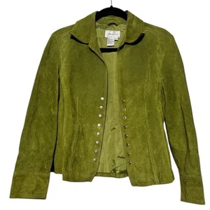 Live A Little Lime Green Leather Suede Jacket Blazer Medium Vtg Groovy 90s Y2K - Picture 1 of 4