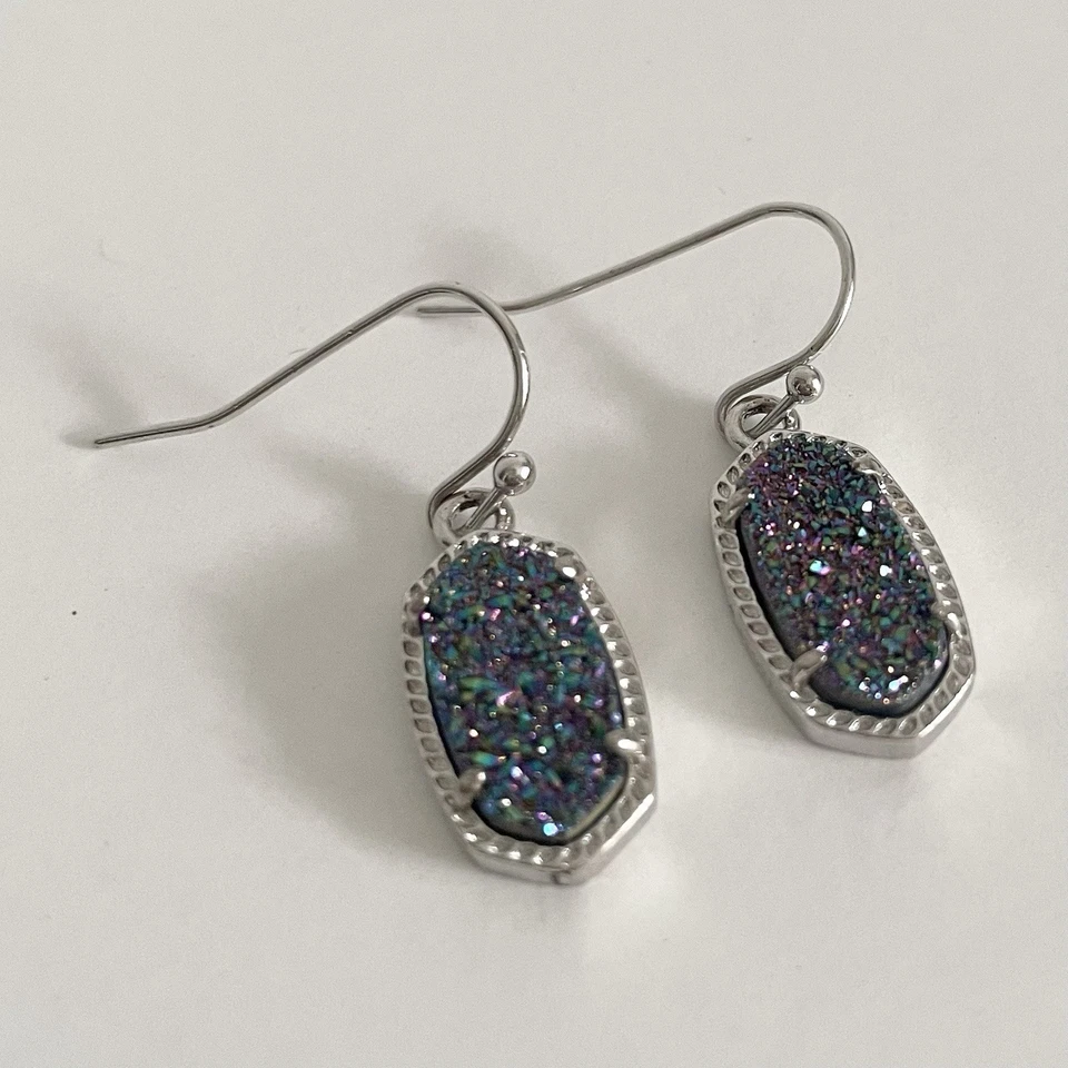 Kendra Scott Lee Silver Drop Earrings In Blue Purple Multi-Color Drusy Dangle - Image 1 of 4