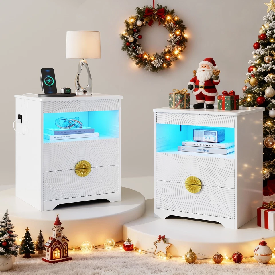 Mesita de Noche con Cajón para Pistola, Mesita de Noche Inteligente con Estación de Cargador y Luz LED Foto 1 de 4