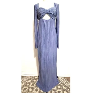 Long Sleeve Maxi Dress Sz M Pleated Cut Out Detail Dusty Blue Bottom Side Slit - Picture 1 of 21