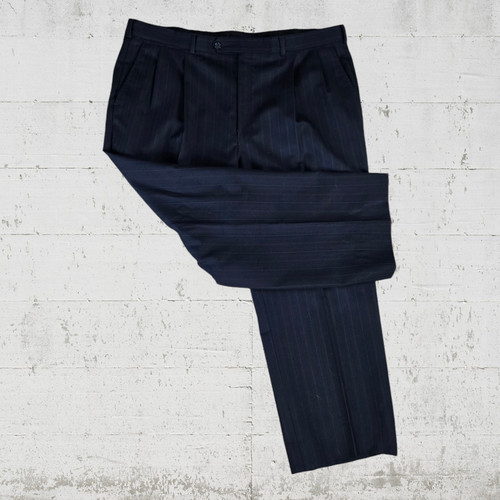 Pantalone tuta uomo gamba dritta lana gessato blu navy Burberry vintage anni 80 taglia 42