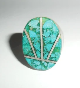 ANELLO VINTAGE MESSICO GRANDE ARGENTO STERLING MISURA 11 TURCHESE INTARSIATO DESIGN NATIVO - Foto 1 di 9