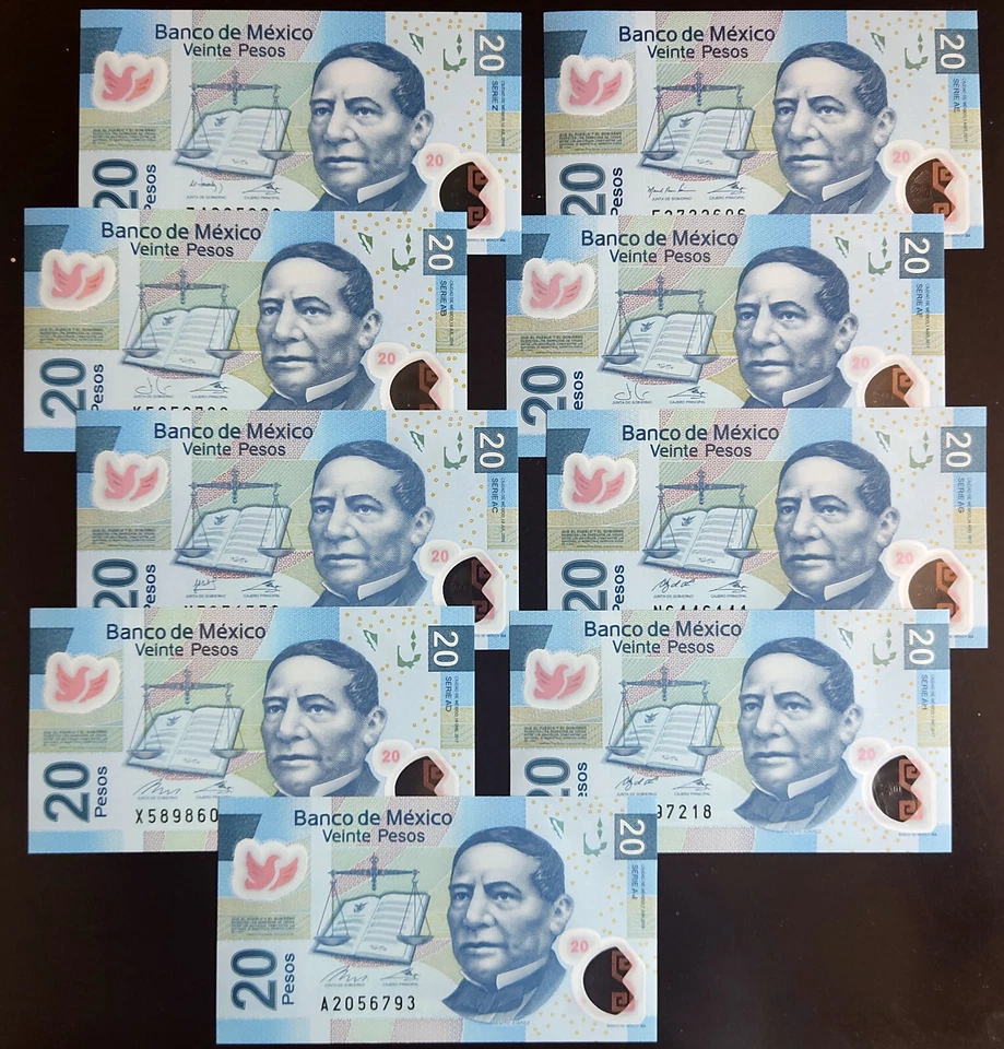 MEXICO $20 JUAREZ POLYMER NOTE + SERIES Z & AB to AJ + 9 mint crisp notes, rare - Image 1 of 1