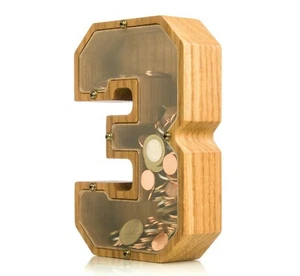 Wood piggy bank NUMBER 3 Montessori toy Wooden money box Unique gift Tip jar - Picture 1 of 7