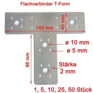 T Verbinder Holz 160x98x45mm Flachverbinder T-Form verzinkt Lochplatten Blech - Bild 1 von 2