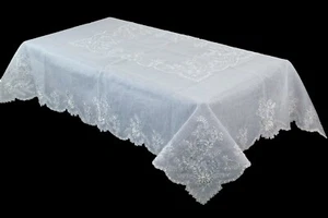 White Silver Organza Embroidery Tablecloth 6 Napkin Wedding Bridal Pearls Beads - Picture 1 of 4