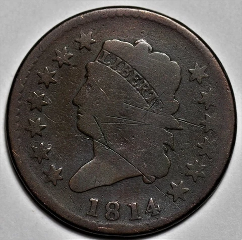 1814 Classic Head Large Cent - Crosslet 4 - Scratched - US 1c Copper Penny - L37 Cover