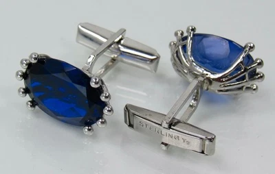 Lindas abotoaduras de prata esterlina azul escuro de pedra criadas em laboratório - Imagem 1 de 4