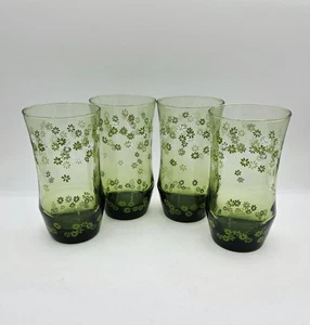 Vintage Libbey grüne Gläser Becher Frühlingsblüte Crazy Daisy 12 Unzen 4er Set gebraucht, in einwandfreiem Zustand - Bild 1 von 7