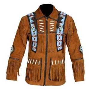 Men Brown Suede Western Cowboy Leather Jacket With Bread Work - Zipper - Bild 1 von 4