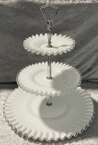 Vintage Fenton Milk Glass 14.5 Inches Tall Silver Crest 3 Tier Tidbit Tray - Picture 1 of 10