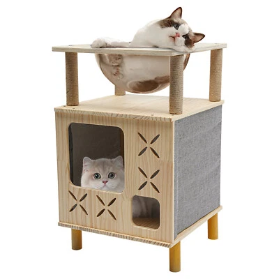 Cama cueva gato interior de 2 niveles multifuncional casa de juegos madera gato torre gato árbol Foto 1 de 4