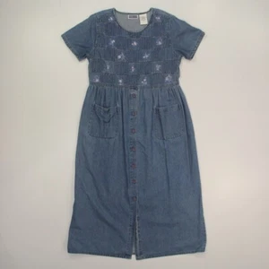 Erika & Co Denim Maxi Dress Size Medium Embroidered Pockets Cottagecore VTG - Picture 1 of 7
